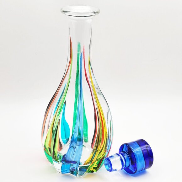 CC Zecchin Venezia Art Glass Rainbow Decanter Cobalt Stopper Italy Signed 12" - Picture 5 of 14